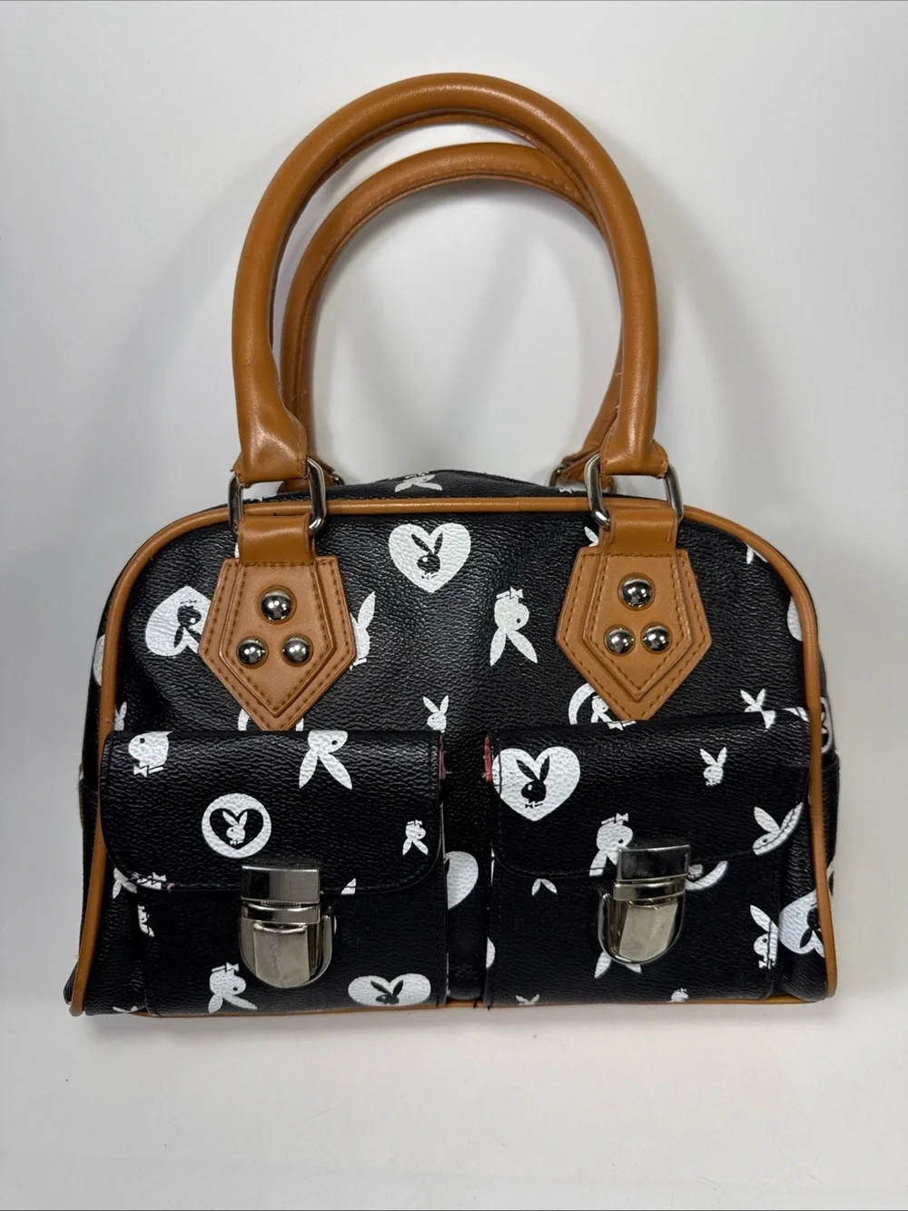 Vtg y2k Playboy Black and Tan Printed Satchel Bag pink interior - Picture 2 of 16